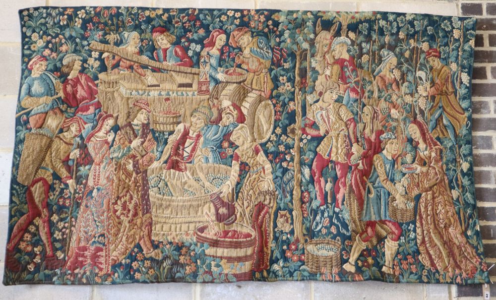 A 17th century style polychrome tapestry wall hanging, W.200, H.115cm